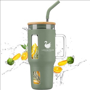 Glass Tumbler with Handle, 40oz Iced Coffee Cup Boba Smoothie Cup, Bamboo Lid Home Office Tumblers